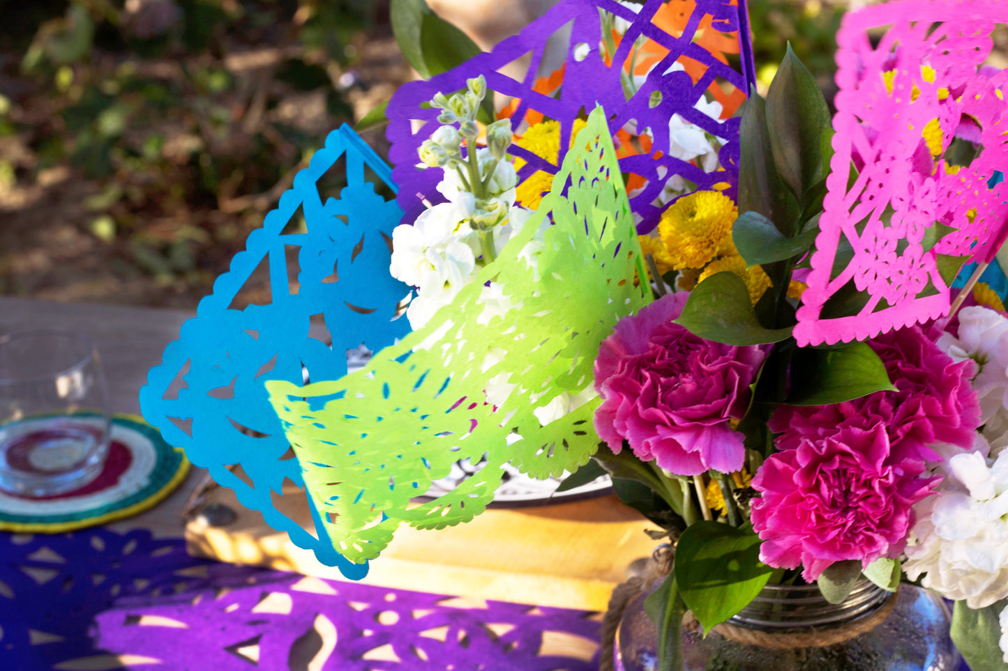 Mexican Papel Picado centerpiece flags, set of 12