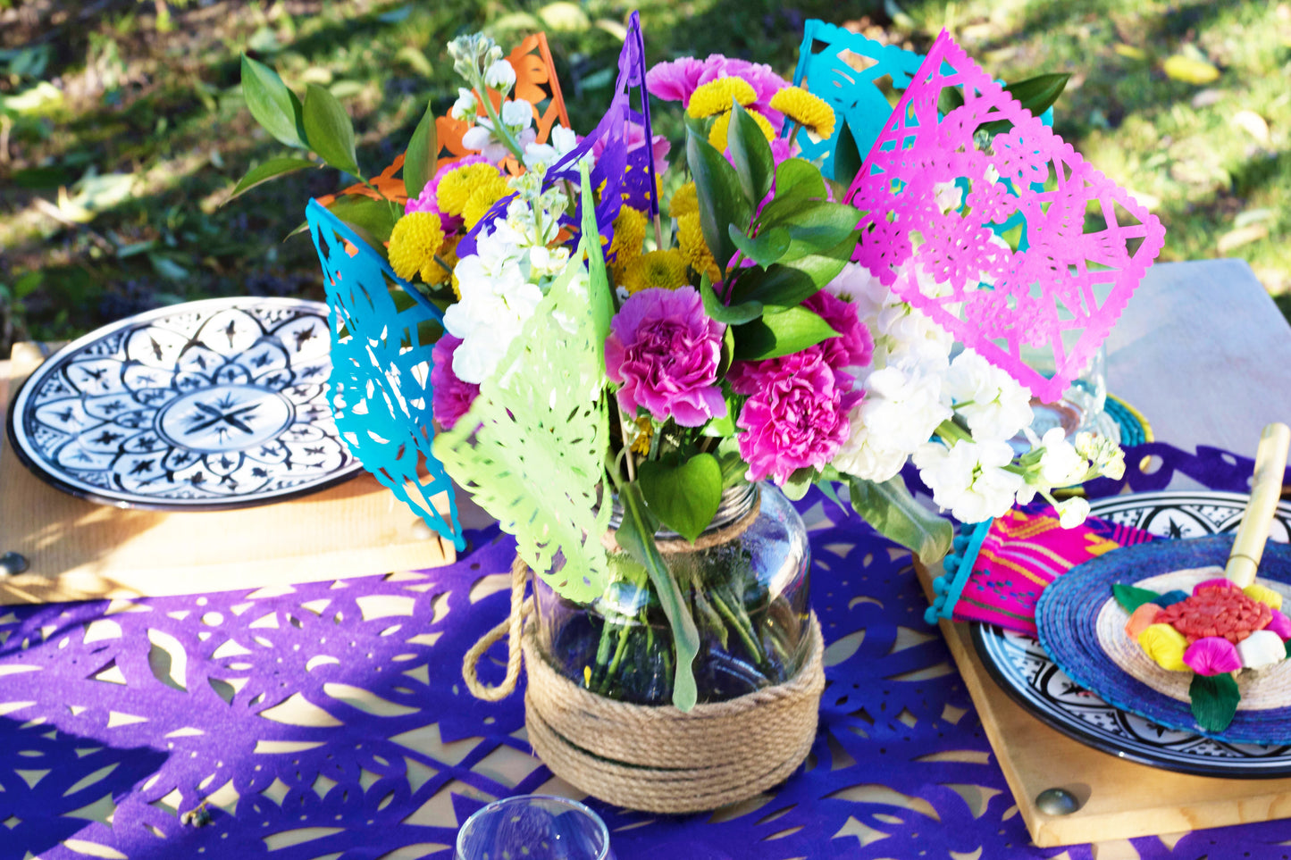 Mexican Papel Picado centerpiece flags, set of 12