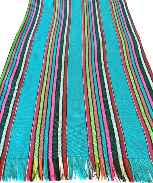 Mexican Fabric Table Runner Colorful Teal Stripes - MesaChic - 1