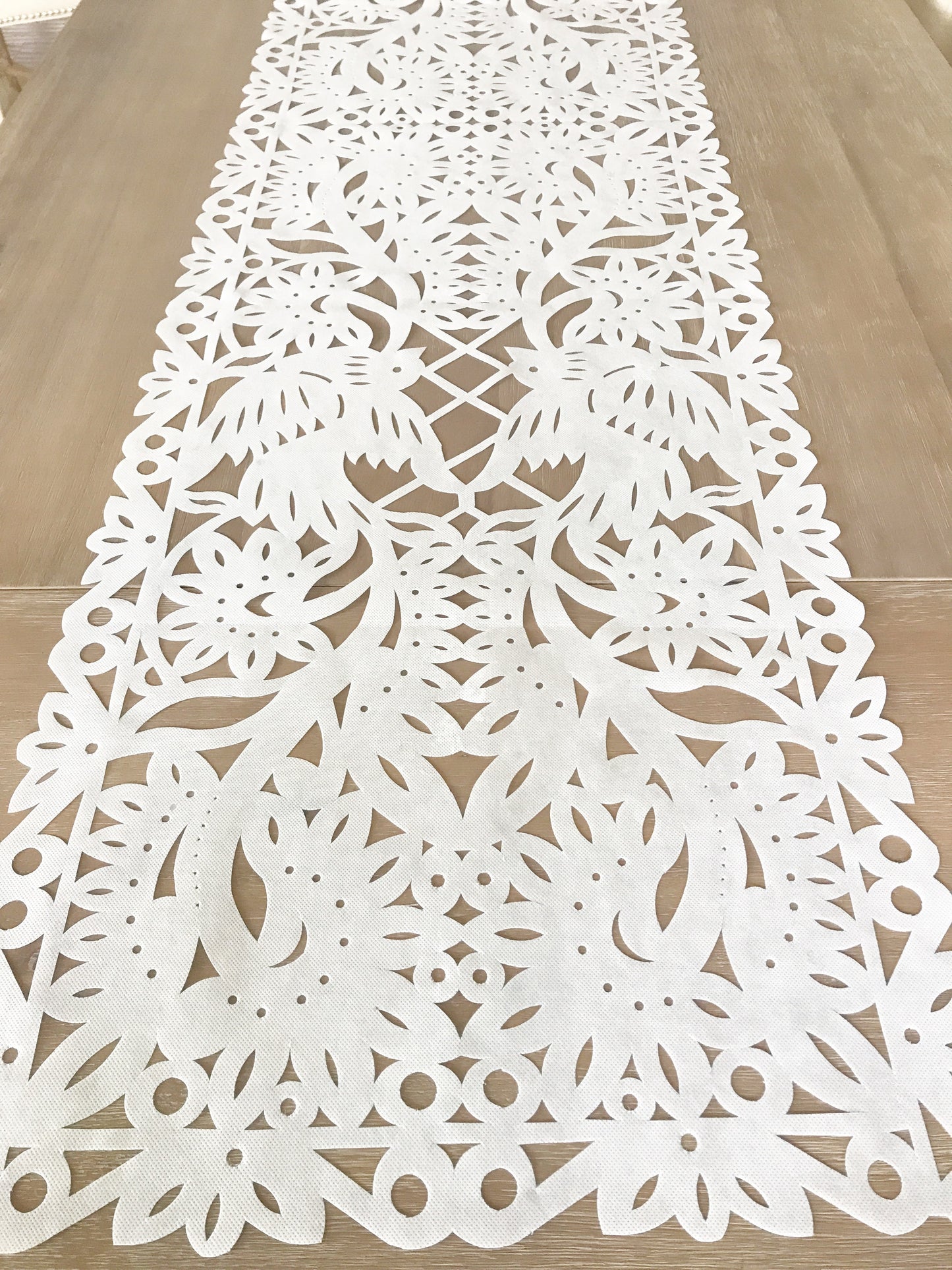 Mexican Papel picado Table Runner in White synthetic Fabric
