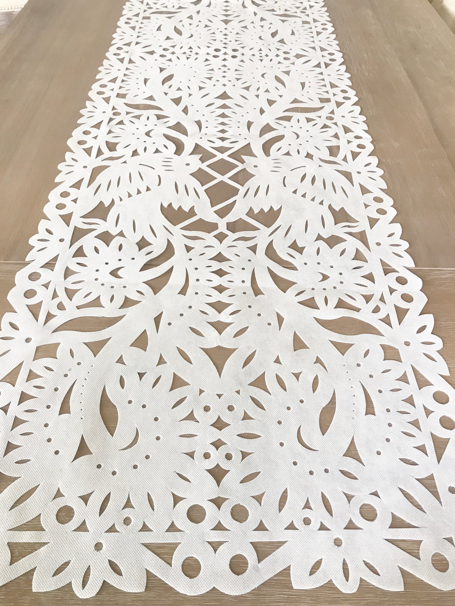 Mexican Papel picado Table Runner in White synthetic Fabric