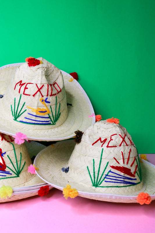 Mexican Straw Hat Pom Pom Sombrero