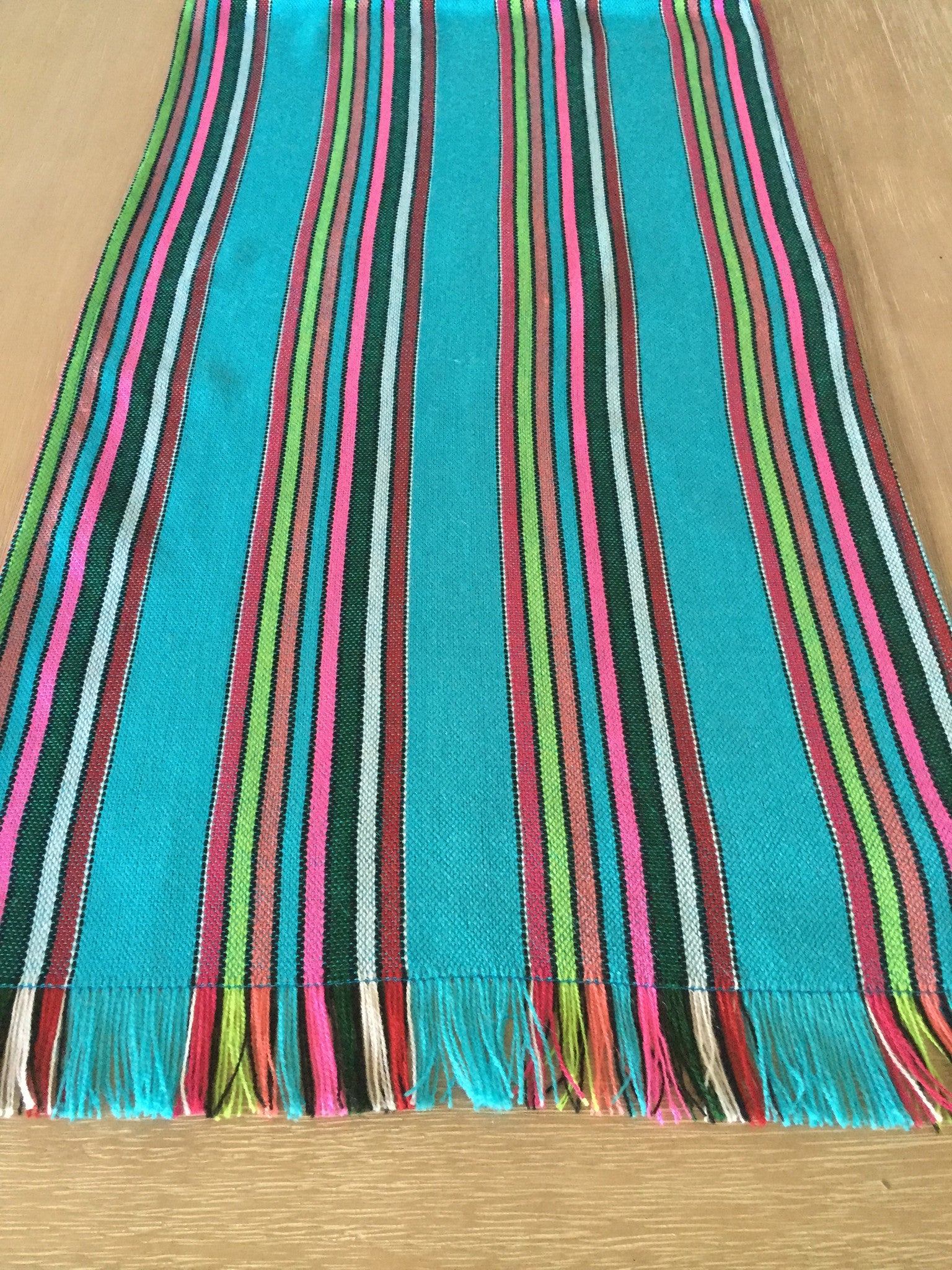 Mexican Fabric Table Runner Colorful Teal Stripes - MesaChic - 4