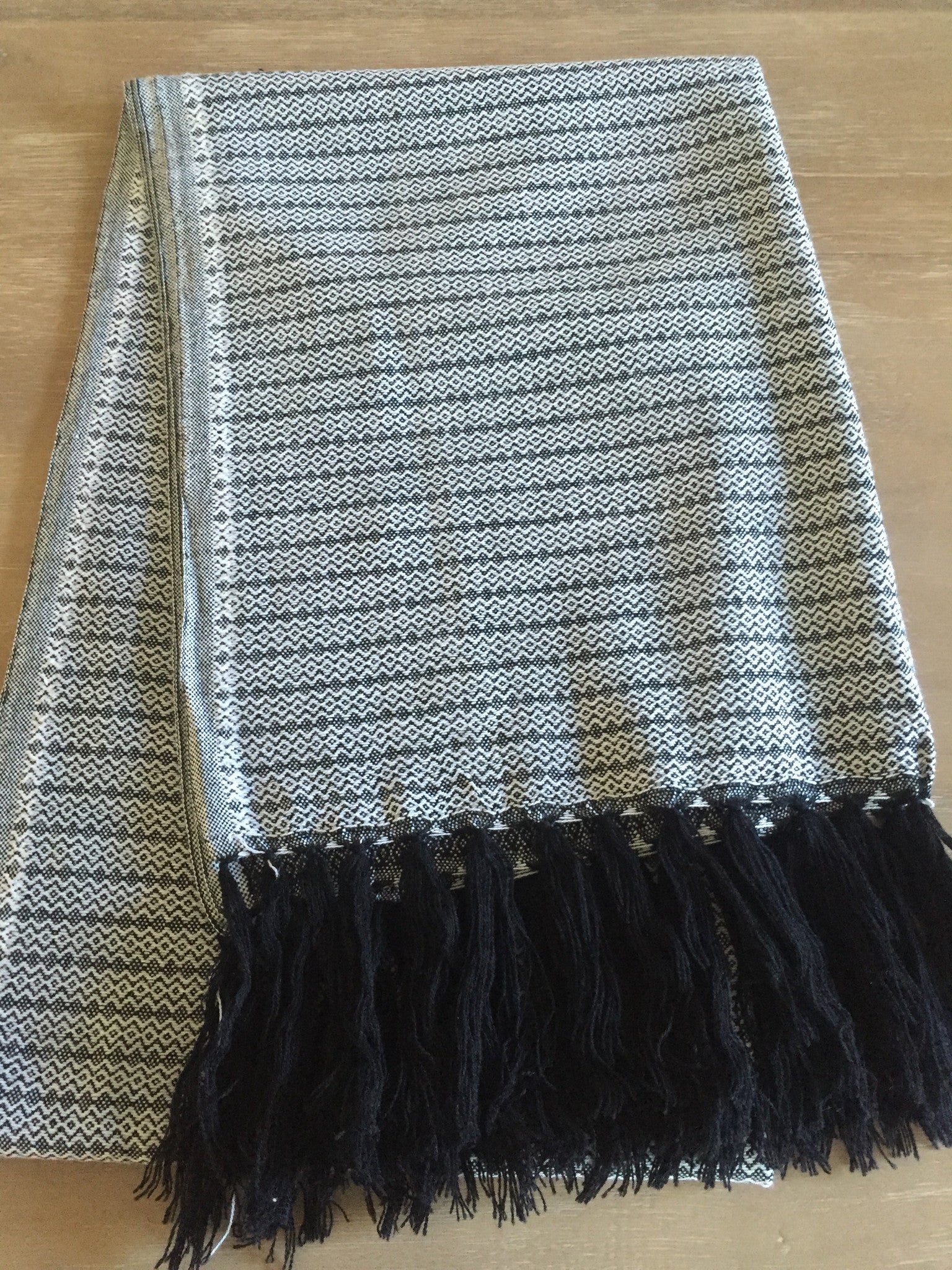 Mexican Rebozo Handwoven black and white with Fringes - MesaChic - 2