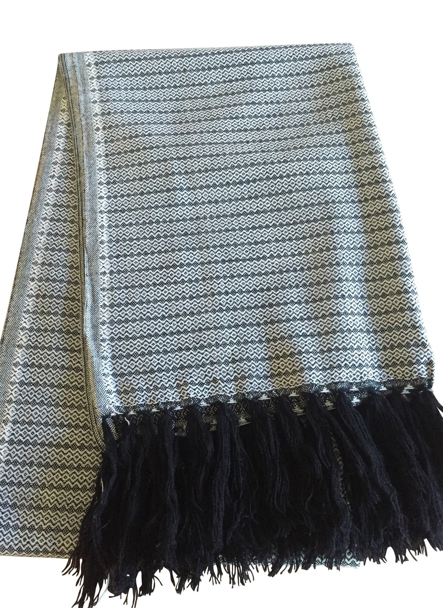 Mexican Rebozo Handwoven black and white with Fringes - MesaChic - 1