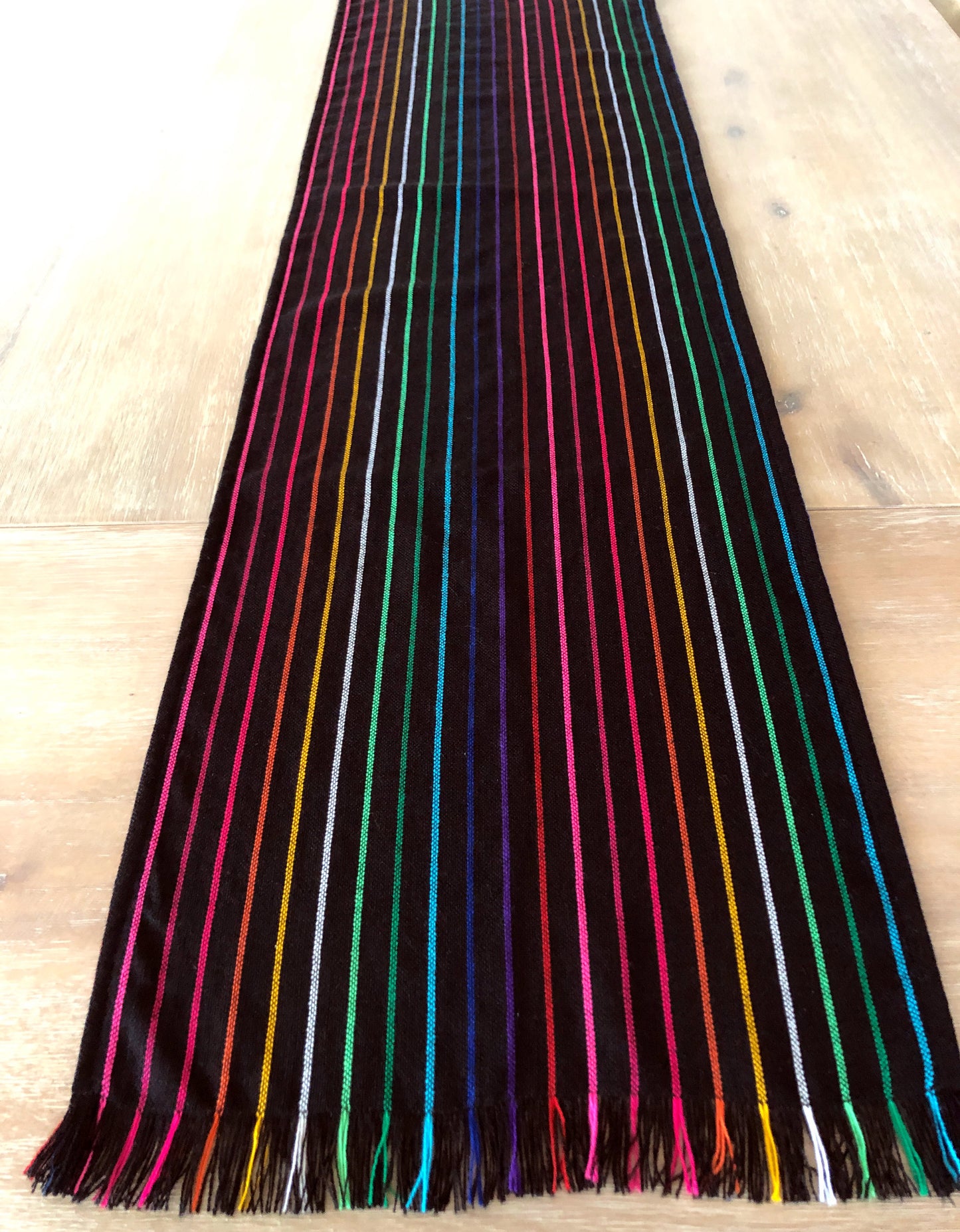Mexican Fabric Table Runner - Black rainbow stripes
