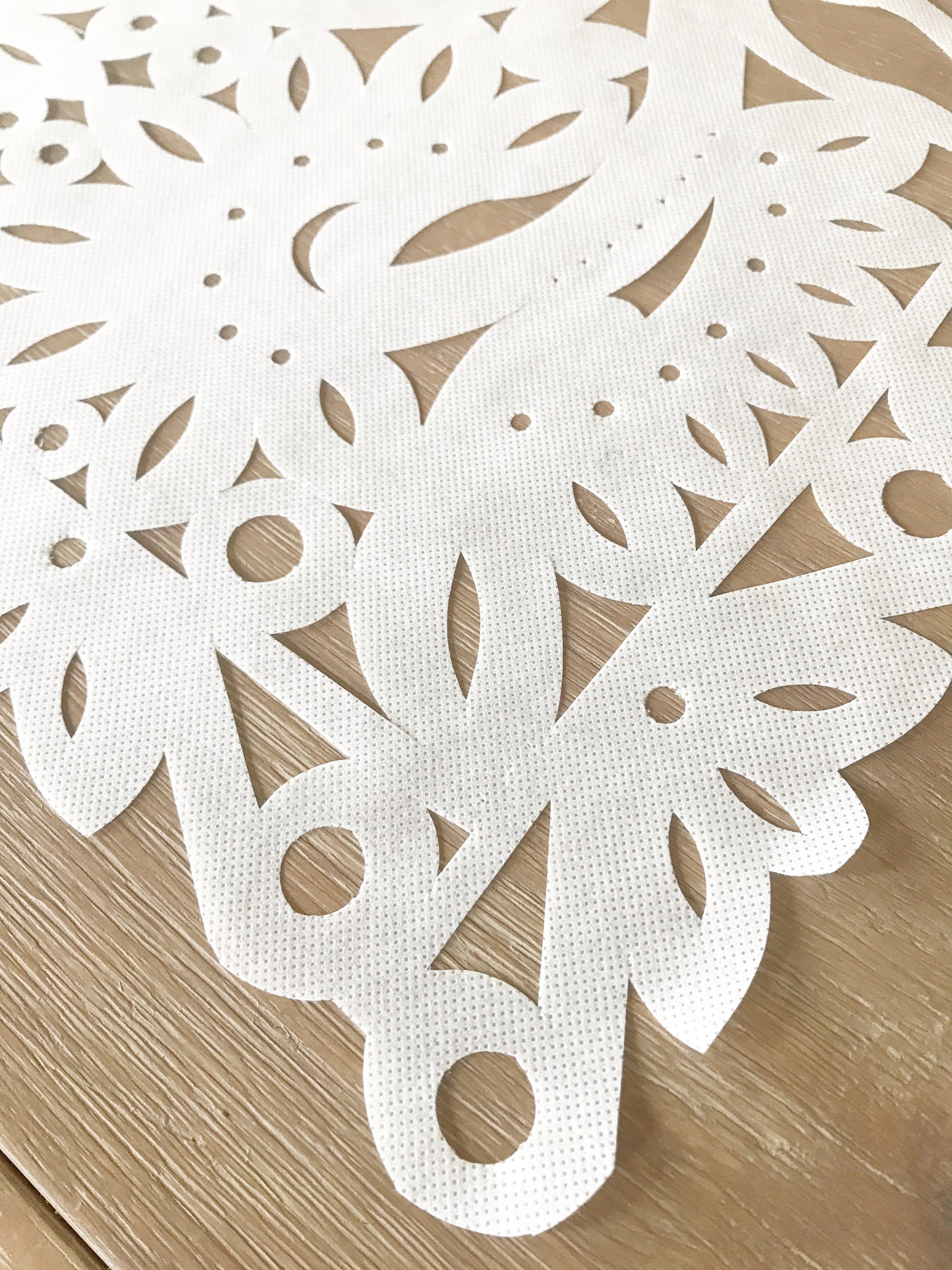 Mexican Papel picado Table Runner in White synthetic Fabric